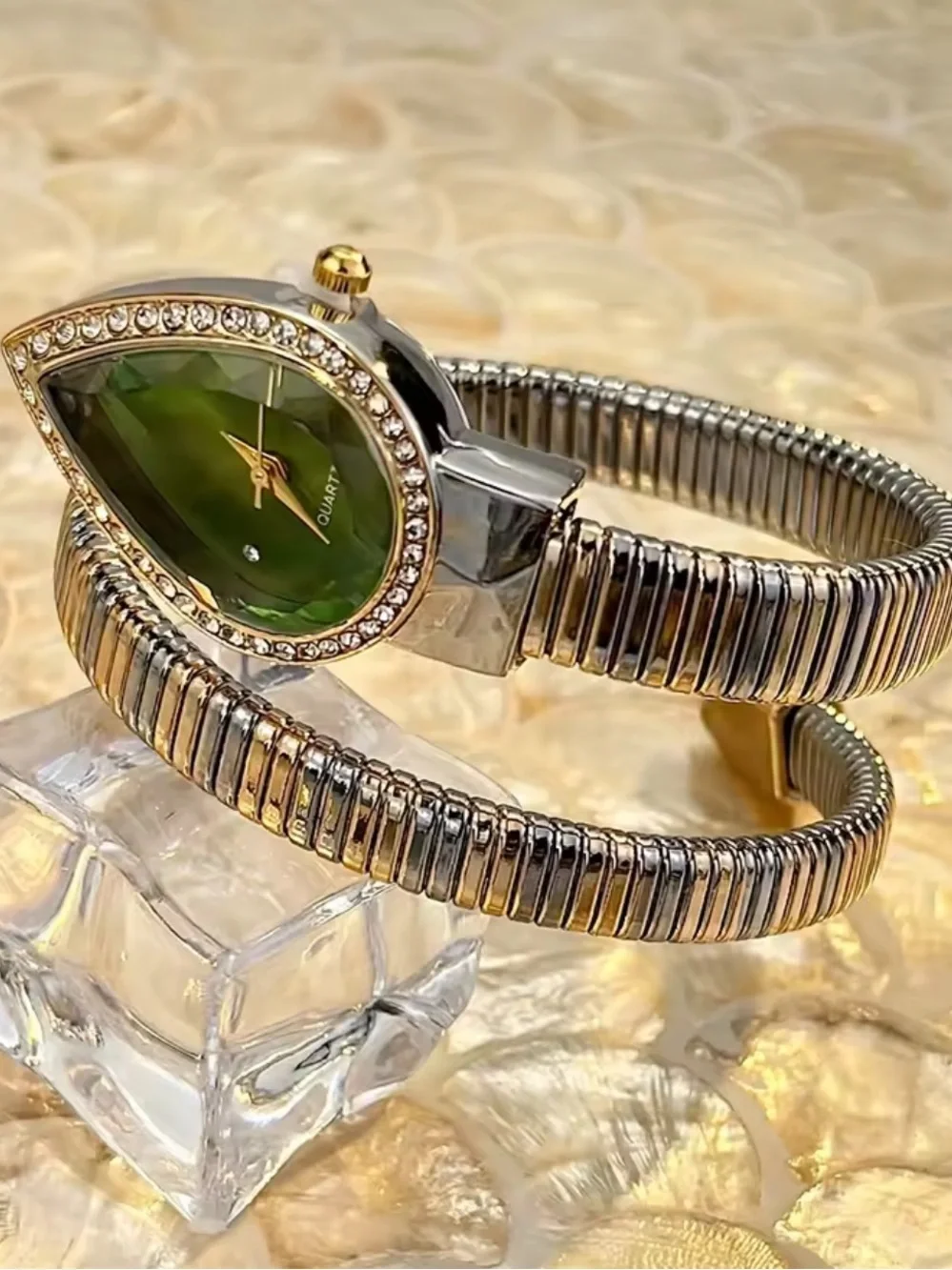 Serpent serpentine Gold & Silver Spiral Bracelet Watch with Green Teardrop Dial